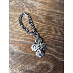 Modernist Trifari Brushed Silver Large Maltese Cross Pendant Necklace